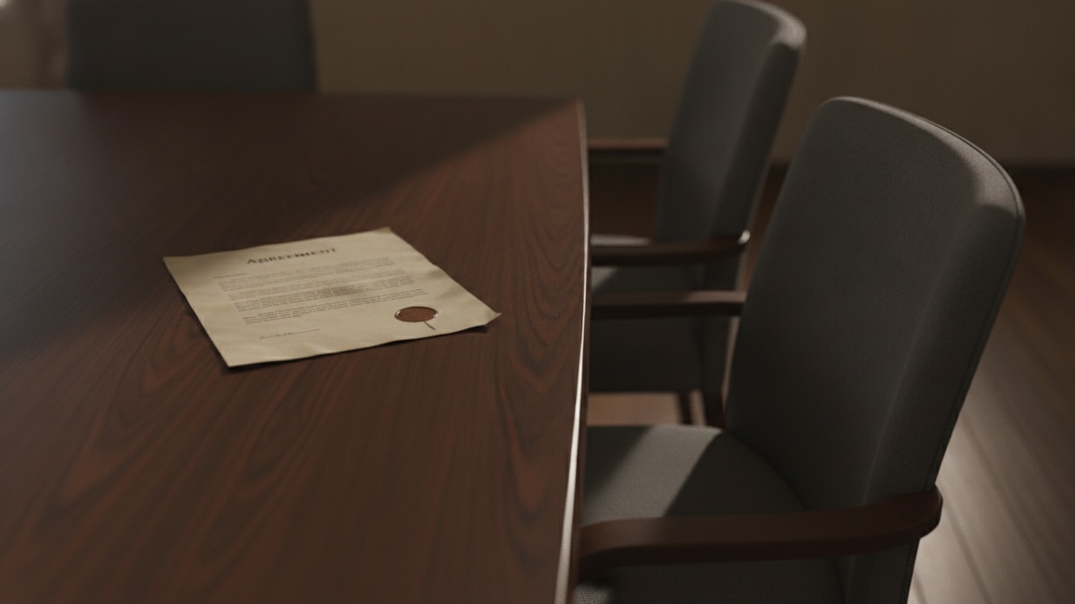 A signed agreement face down on a conference table beside two empty chairs pushed back at an angle