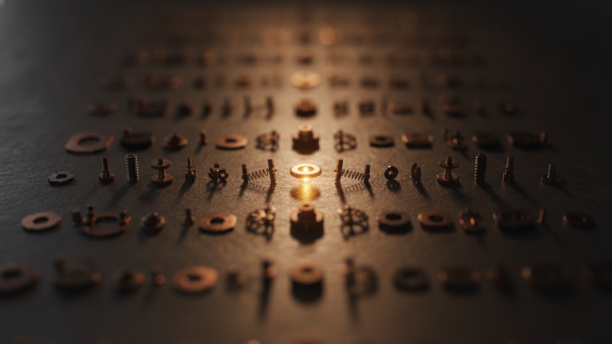 A mechanical assembly laid out as separate parts in rows, one small component lit brightly