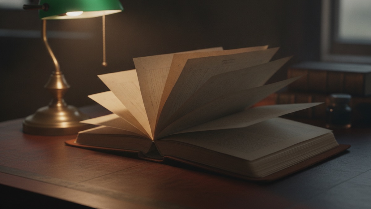 A bound patent file wrapper open on a desk, its amended pages fanned under a single lamp