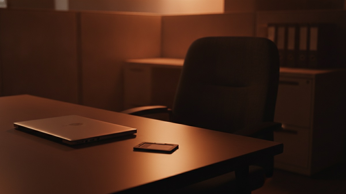 An empty desk at night with a closed laptop and an access badge left on the surface