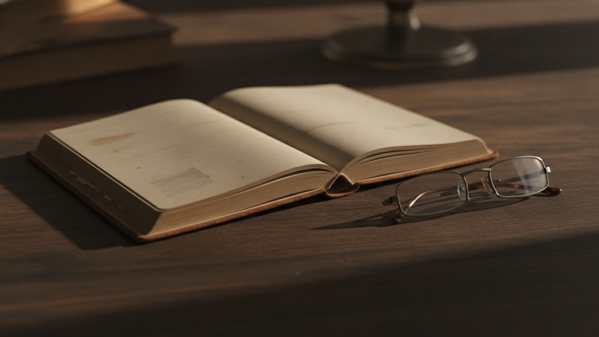 A worn hardbound reporter volume open flat on a desk beside a folded pair of reading glasses