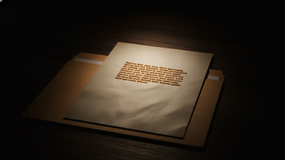 A single sheet half out of a folder, one paragraph lit and the rest in shadow