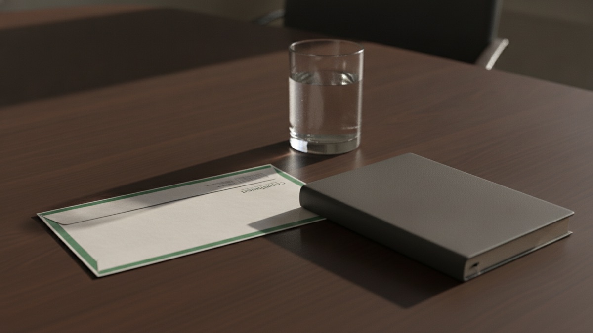 An unopened certified mail envelope on a conference table beside a closed notebook and a glass of water