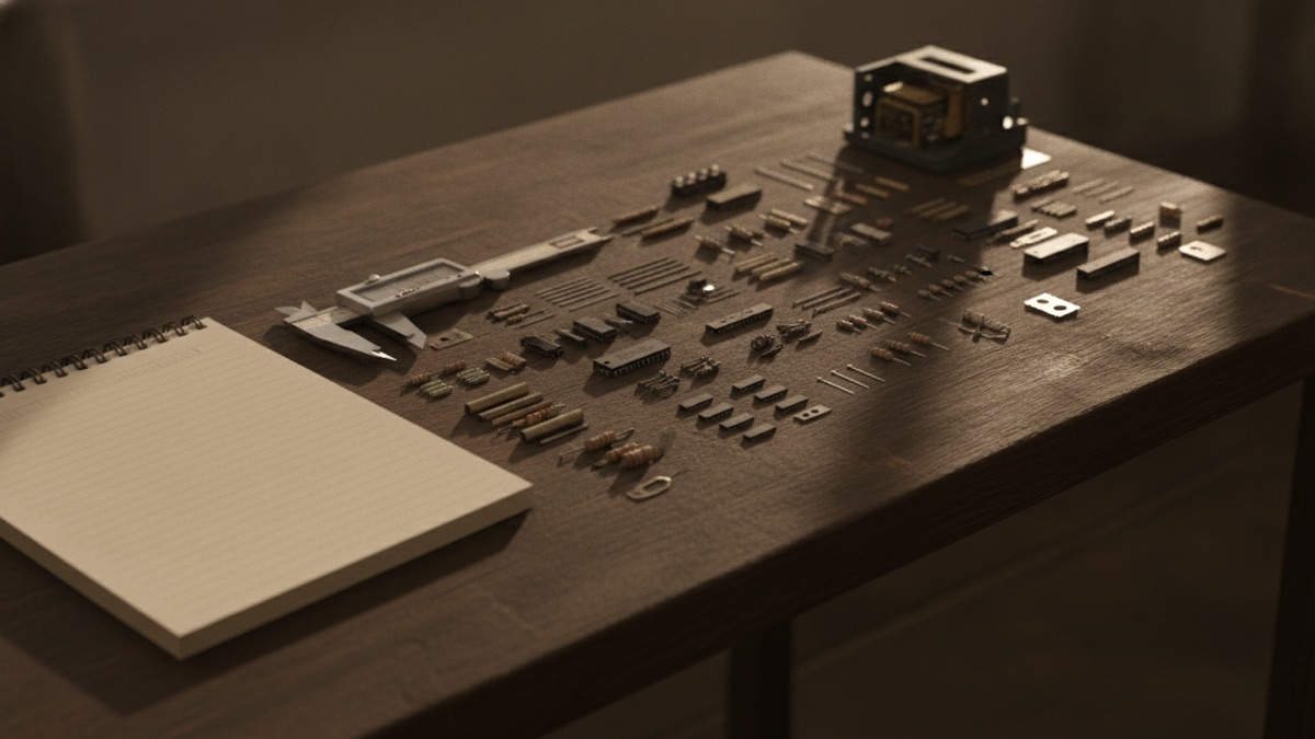 A disassembled electronic device laid out in ordered pieces on a workbench beside calipers and a notebook, with no markings visible