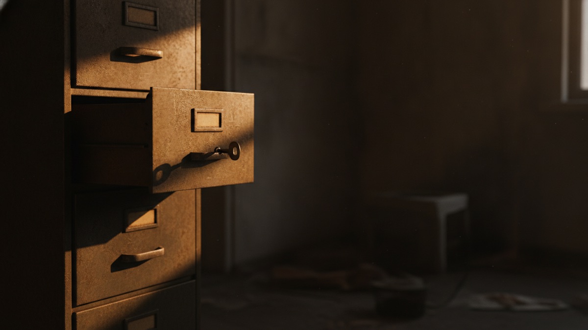 A steel filing cabinet in a dark room with a key still in one drawer lock