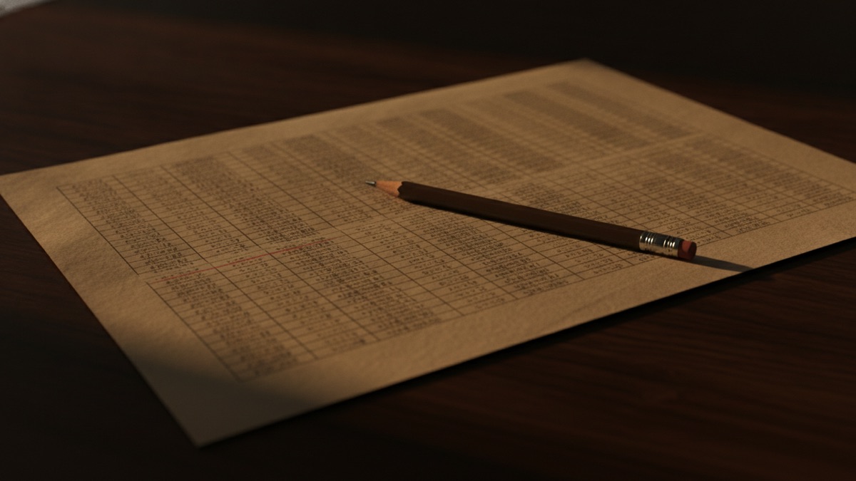 A large printed table of dense columns on a dark desk, a pencil laid across it