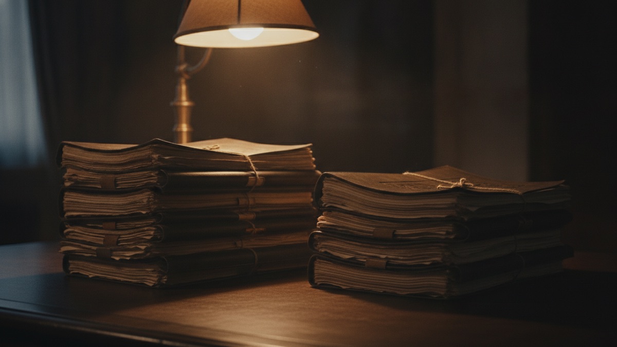 Two stacks of bound contracts side by side on a dark desk, one taller than the other