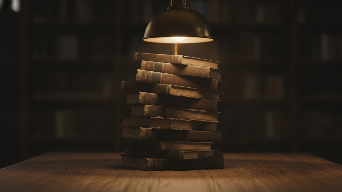 A leaning stack of worn technical manuals and bound proceedings under a reading lamp