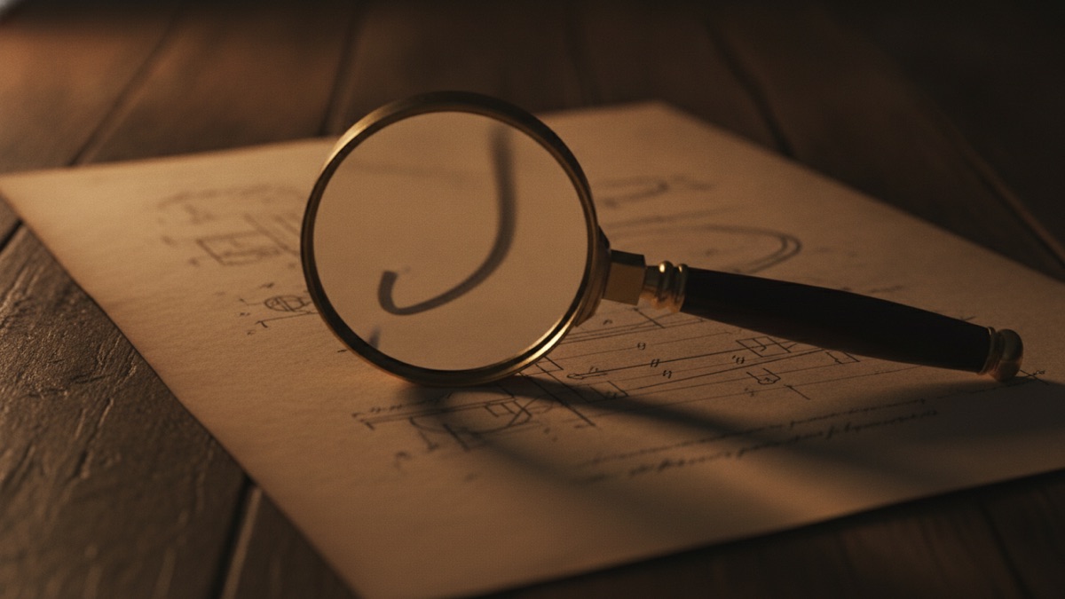 A brass magnifier resting on an aged technical drawing, one line sharply enlarged beneath the glass