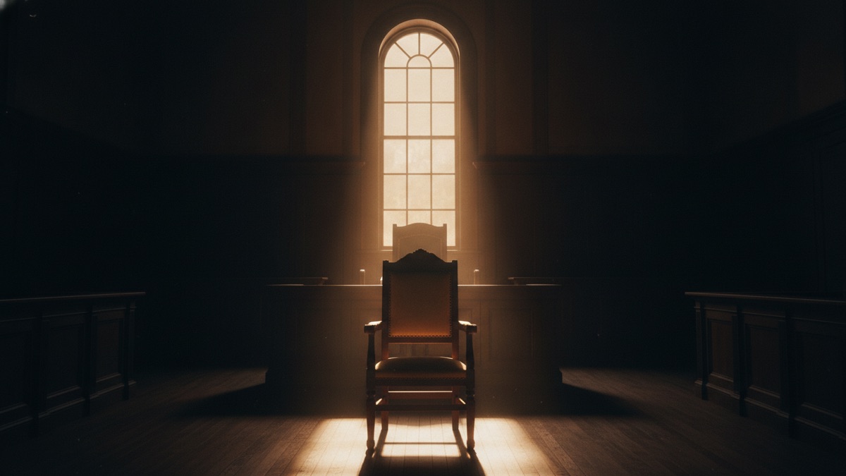 An empty witness chair in a dark panelled courtroom, lit from one high window